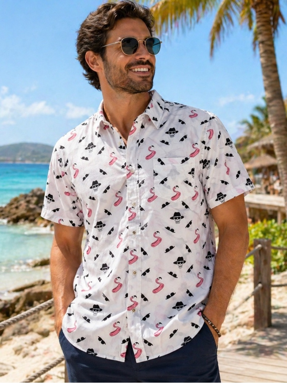 Mens VSTR Button Up Shirt Flamingo Skull SunglassShort Sleeve Novelty Vacation L